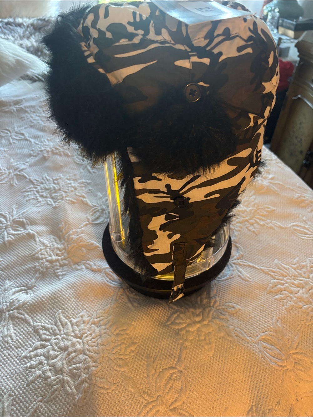 Camo Faux Fur Trapper Hat - Black and Green